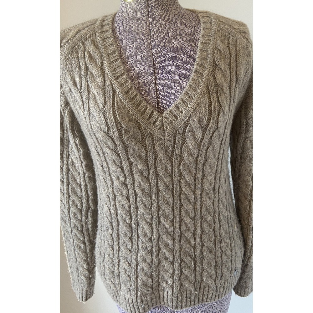 Liu Jo Cable Knit Mohair V‎ Neck Sweater Womens Med Taupe Beige Warm Classic